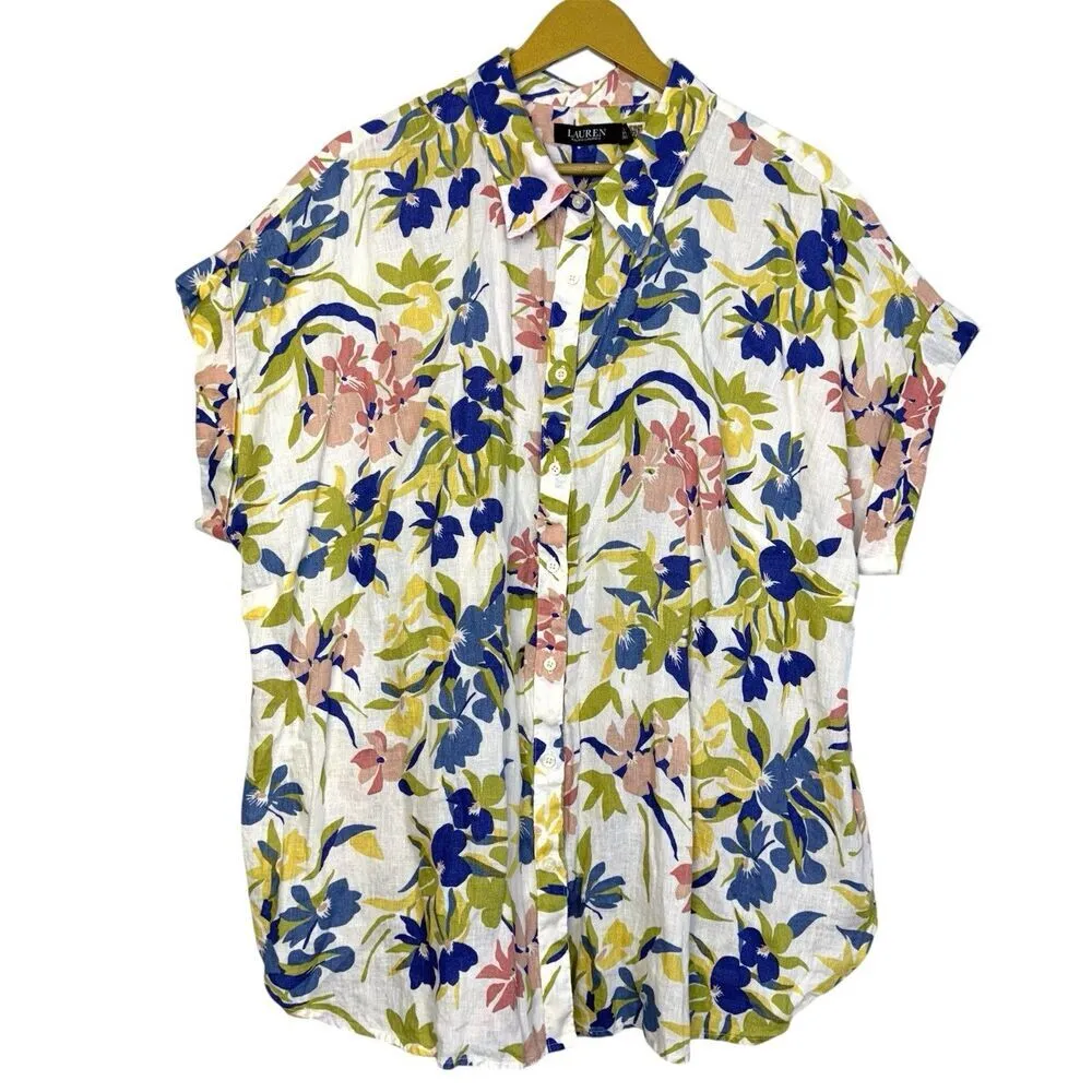 NWOT Lauren Ralph Lauren 100% Linen Floral Button Down Shirt 3X Cap Short Sleeve - Image 2