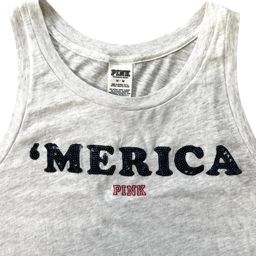 PINK Victoria's Secret Gray "Merica" Razorback Tank Top with red & blue stripes - Image 3