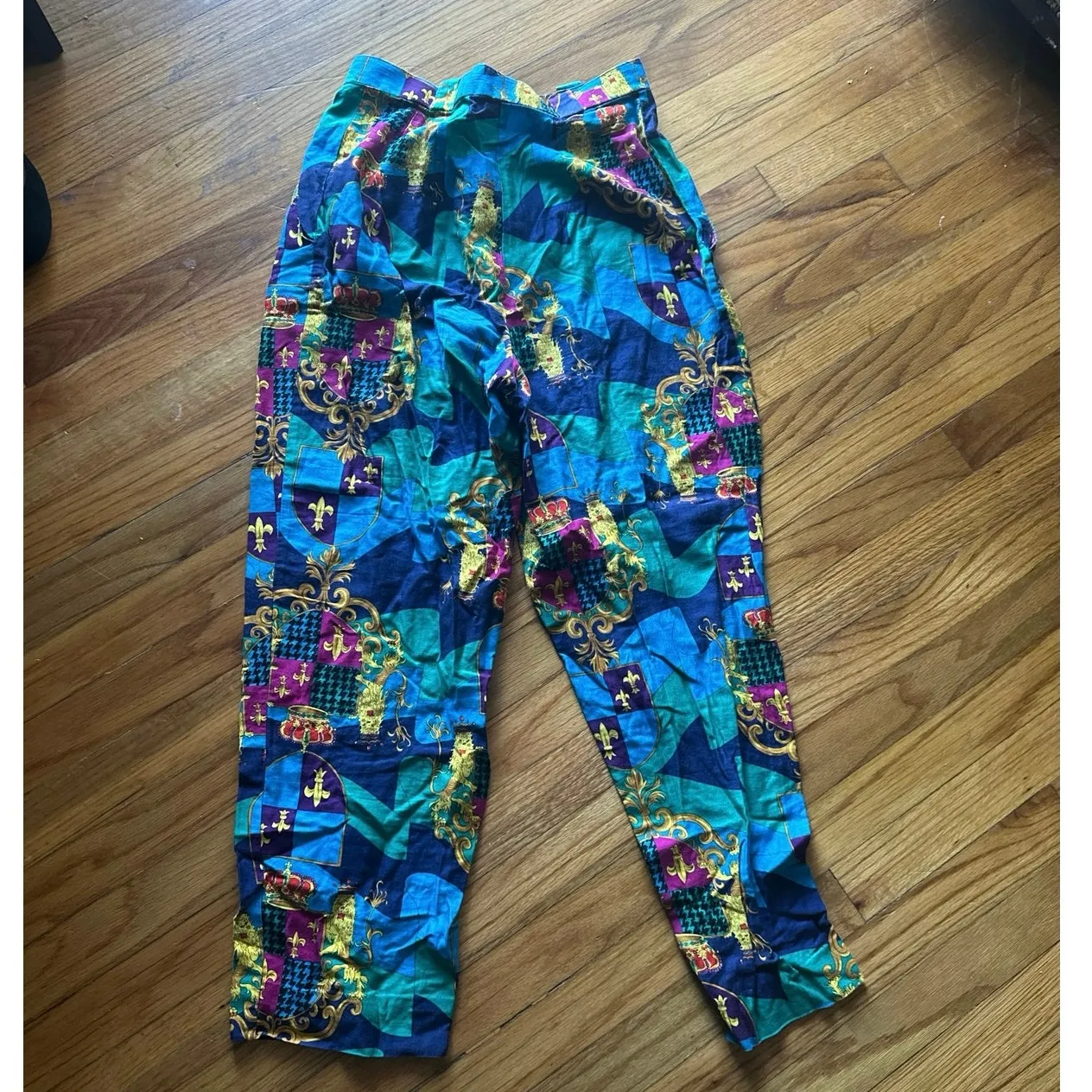 Alexander Campbell Vintage Printed Pants – Bold Regal Patchwork Design Blue Size 8 - Image 6