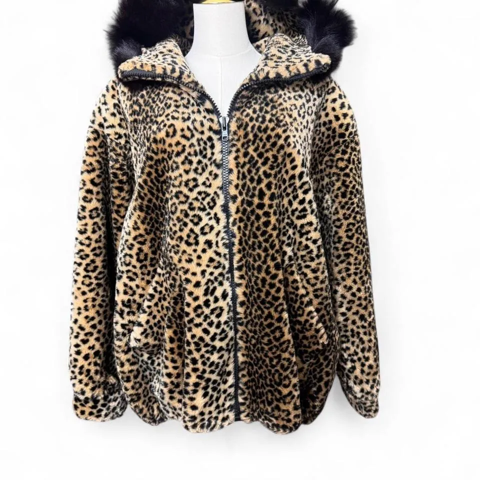 Vintage Olympia Made in USA Faux Fur Cheetah Leopard Print Jacket Fur Hood - Image 2