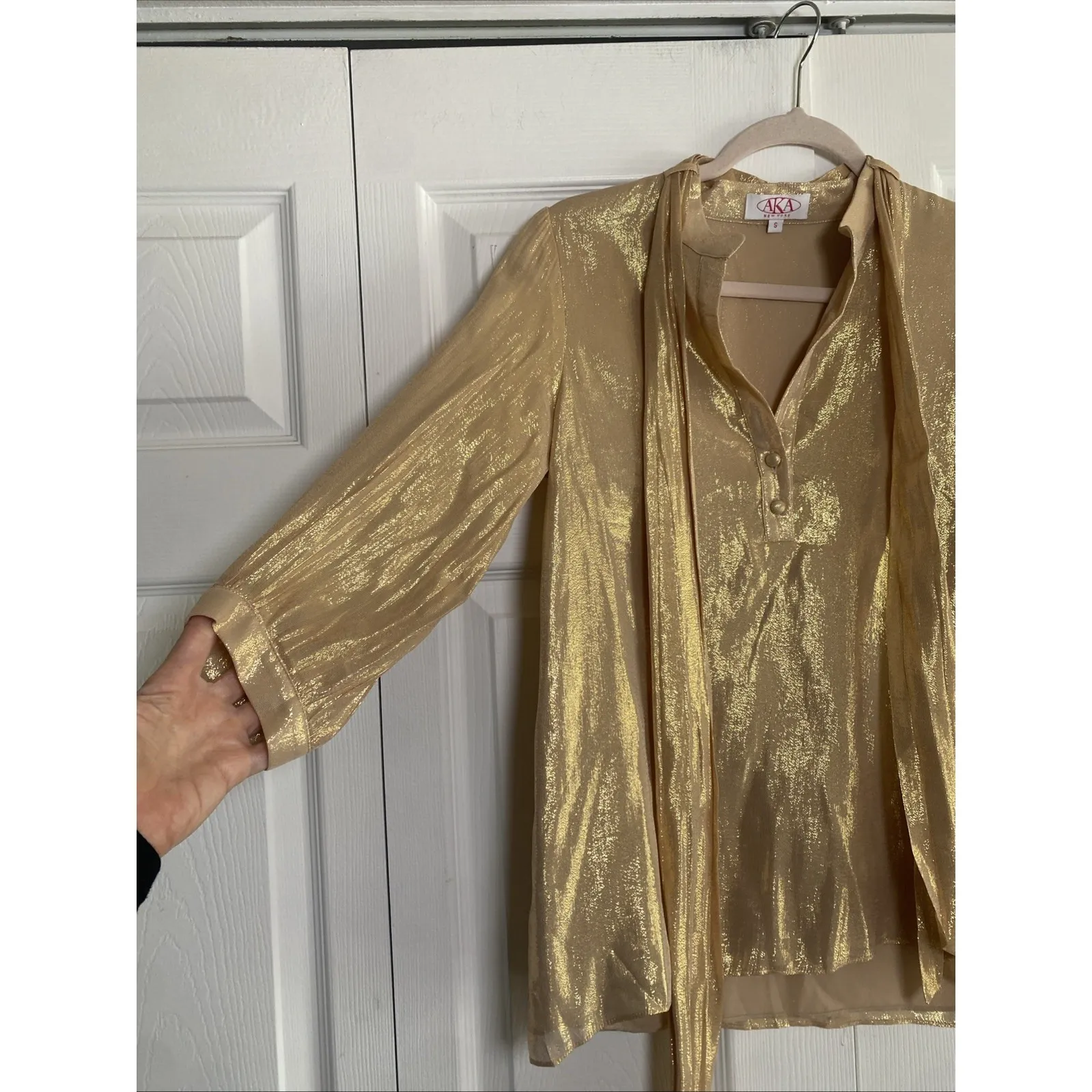 AKA New York Womens Small Gold Mettalic Top Event Glam Silk Blend - Image 2
