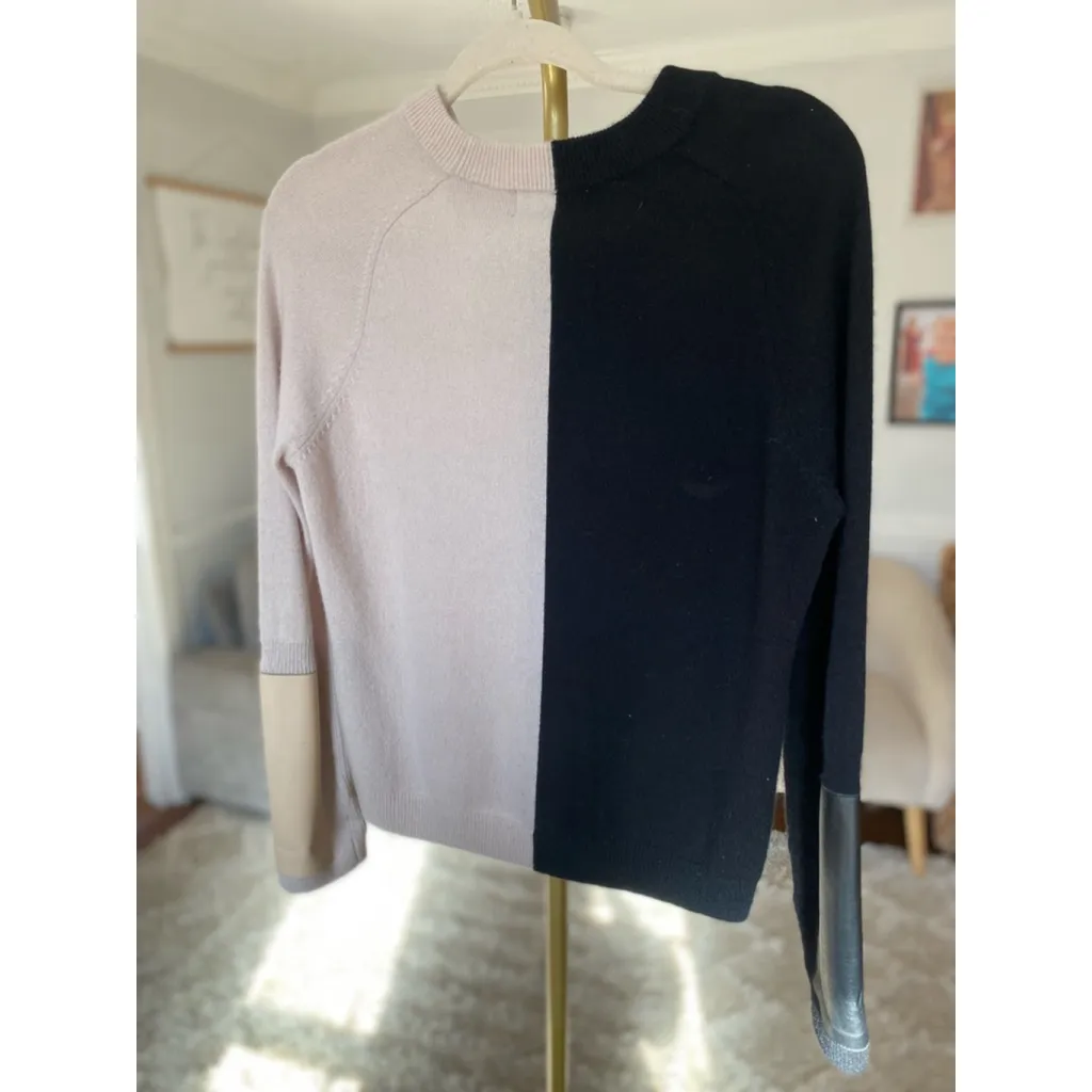 Veda 100% Cashmere Colorblock Sweater Black Beige Leather Cuff Quiet Luxury Boho - Image 3