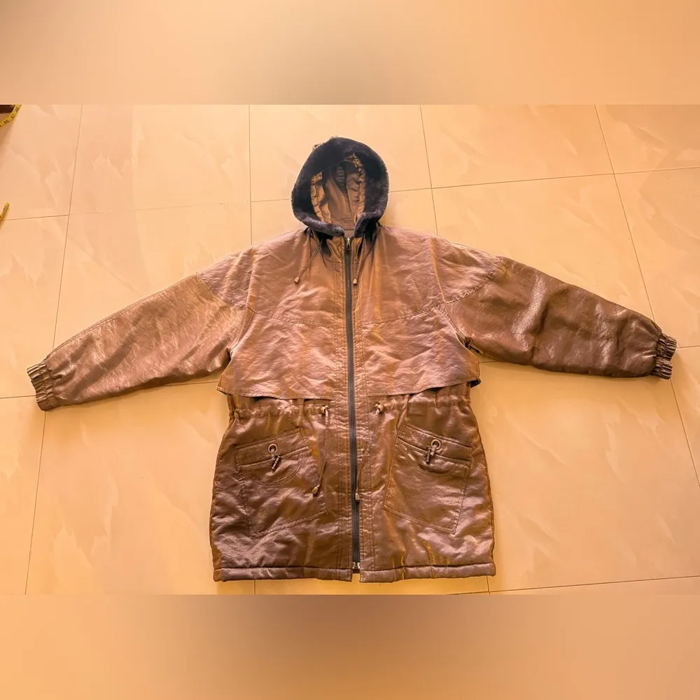 Sarah Morgan Vintage Winter Coat Women's hoodie pocket full zipper brown black L Size L - Image 4