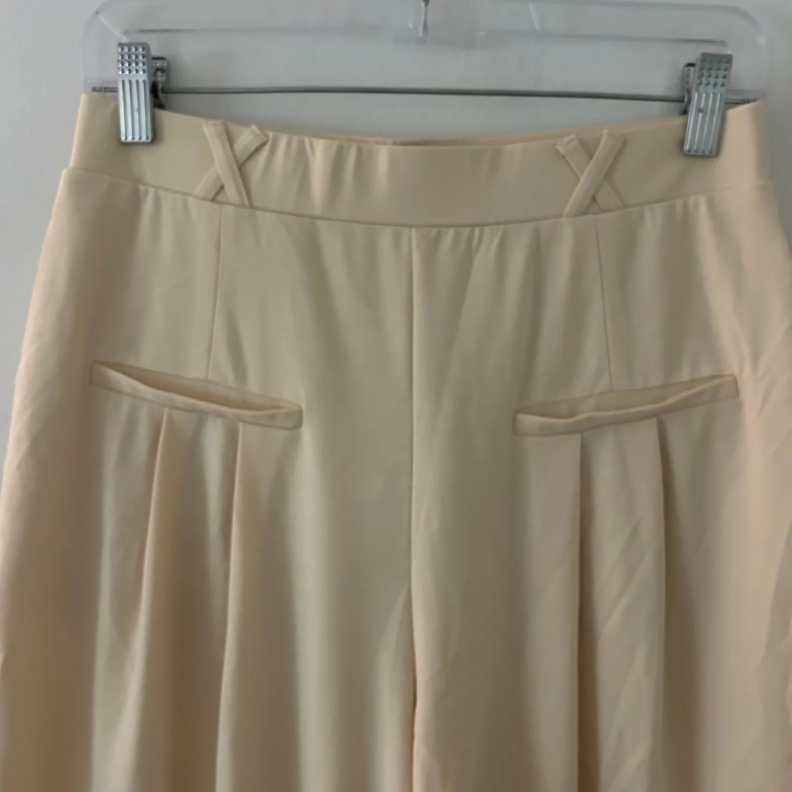 OGL Drapey Bamboo Ponte High Rise Wide Leg Trouser Pants Beige Small Petite New Tan Size undefined - Image 4