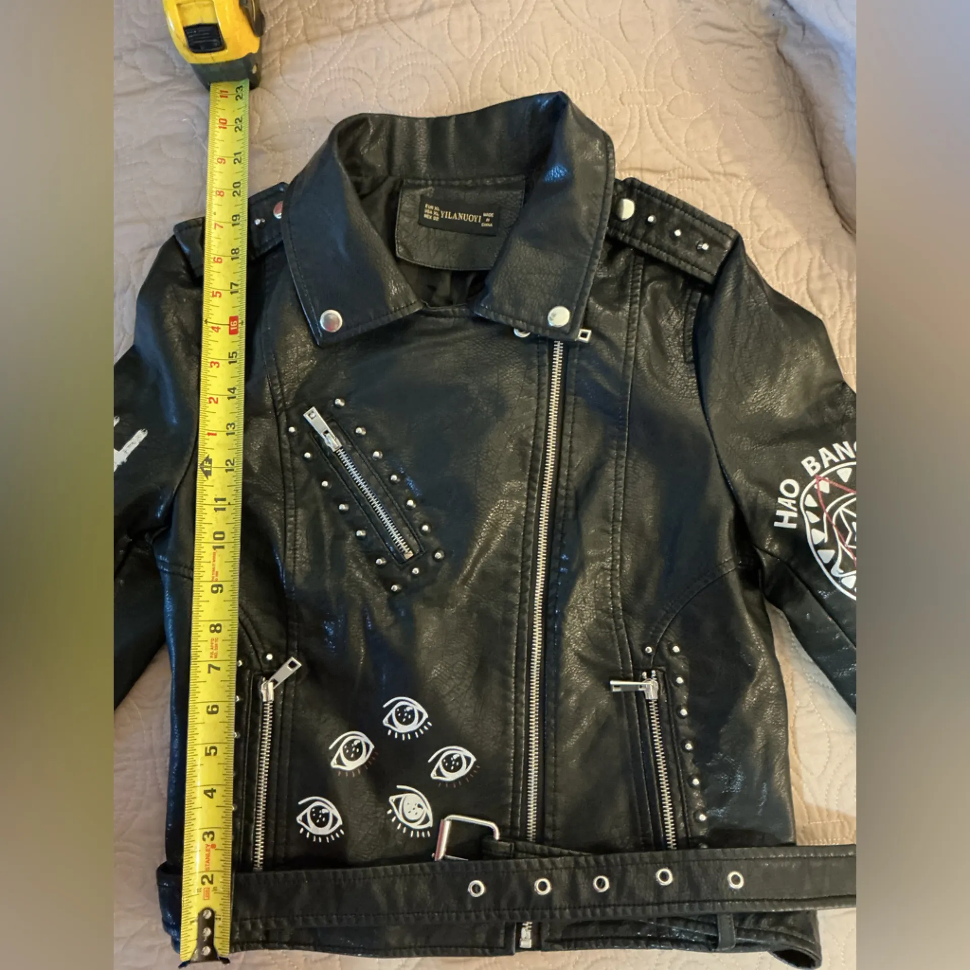 Boutique Black Vegan Leather Moto Jacket with Studded & Zipper Details Small - Image 9