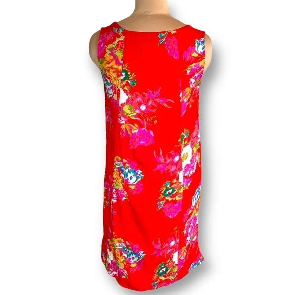 Vintage 90s Dress Cherry Red Hot Pink Floral Detail Square Neck Sleeveless Linen Size M - Image 2