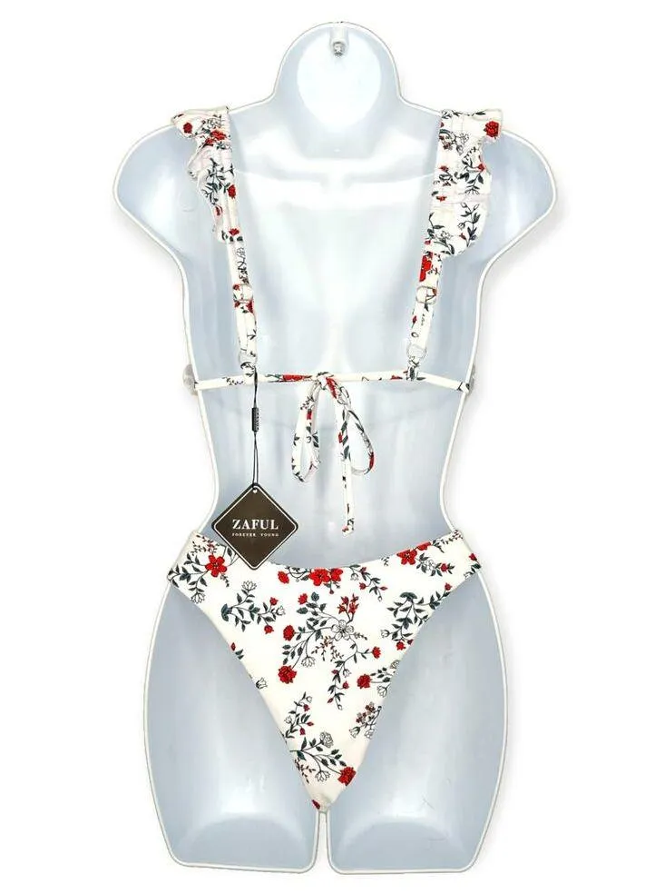 Zaful | NWT | Small | White Red Floral Frill Trim Two-Piece Bikini Swimsuit - Image 2