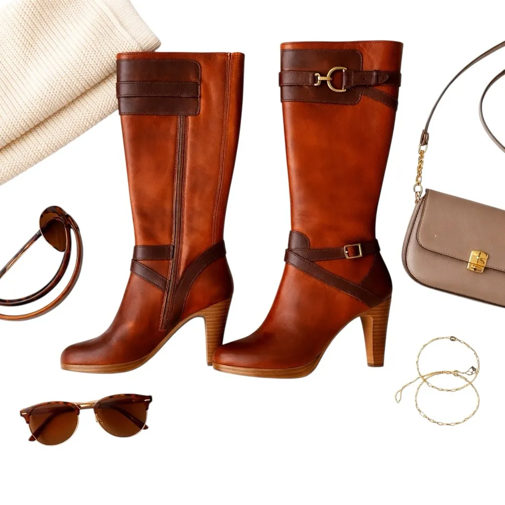 Cole Haan Poppy Bit Tall Leather Equestrian Heeled Boots Sequoia Womens Size 6B - Image 2