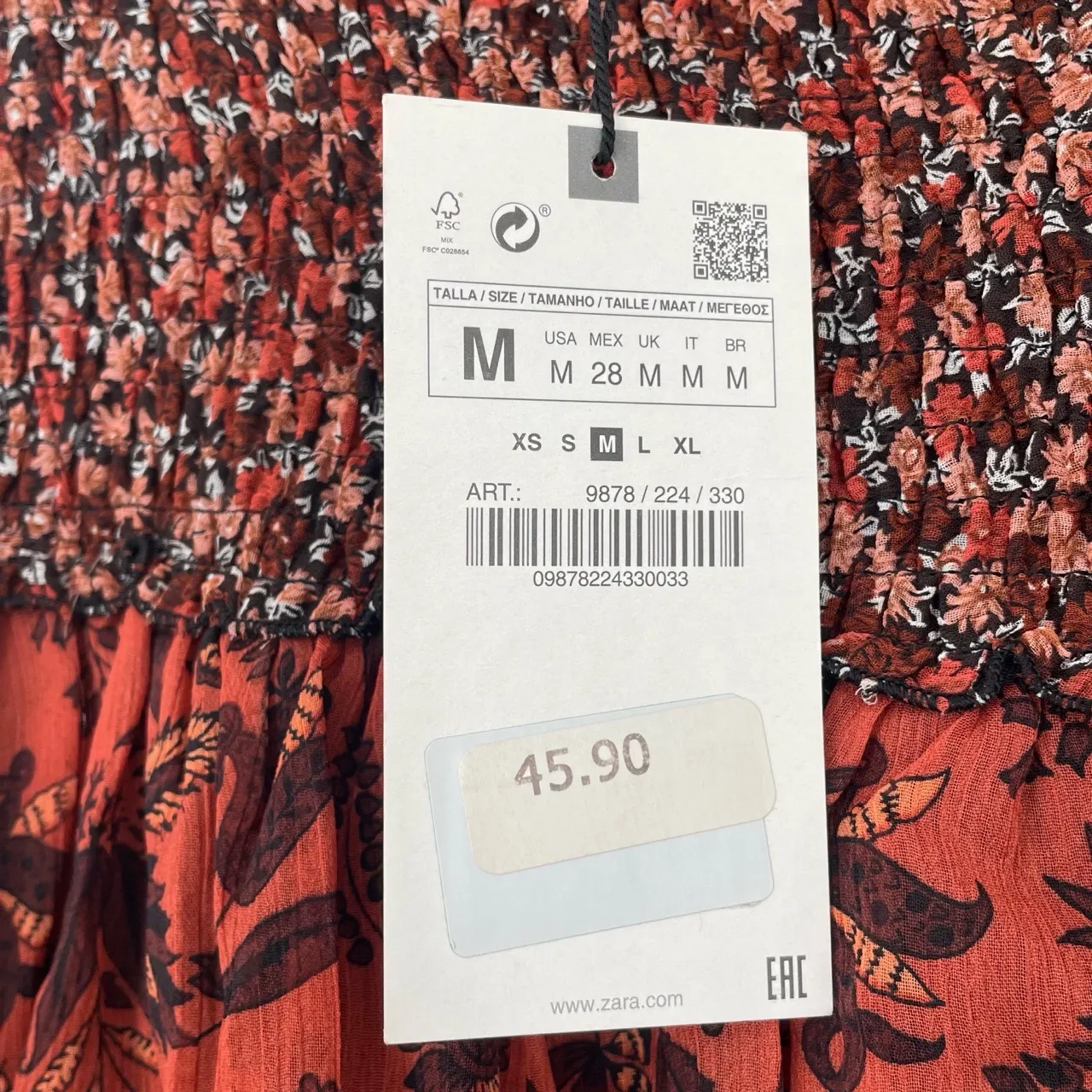 Zara Womens Boho Cottage Core Smocked Waist Floral‎ Orange Ruffle Mini Skirt M - Image 2