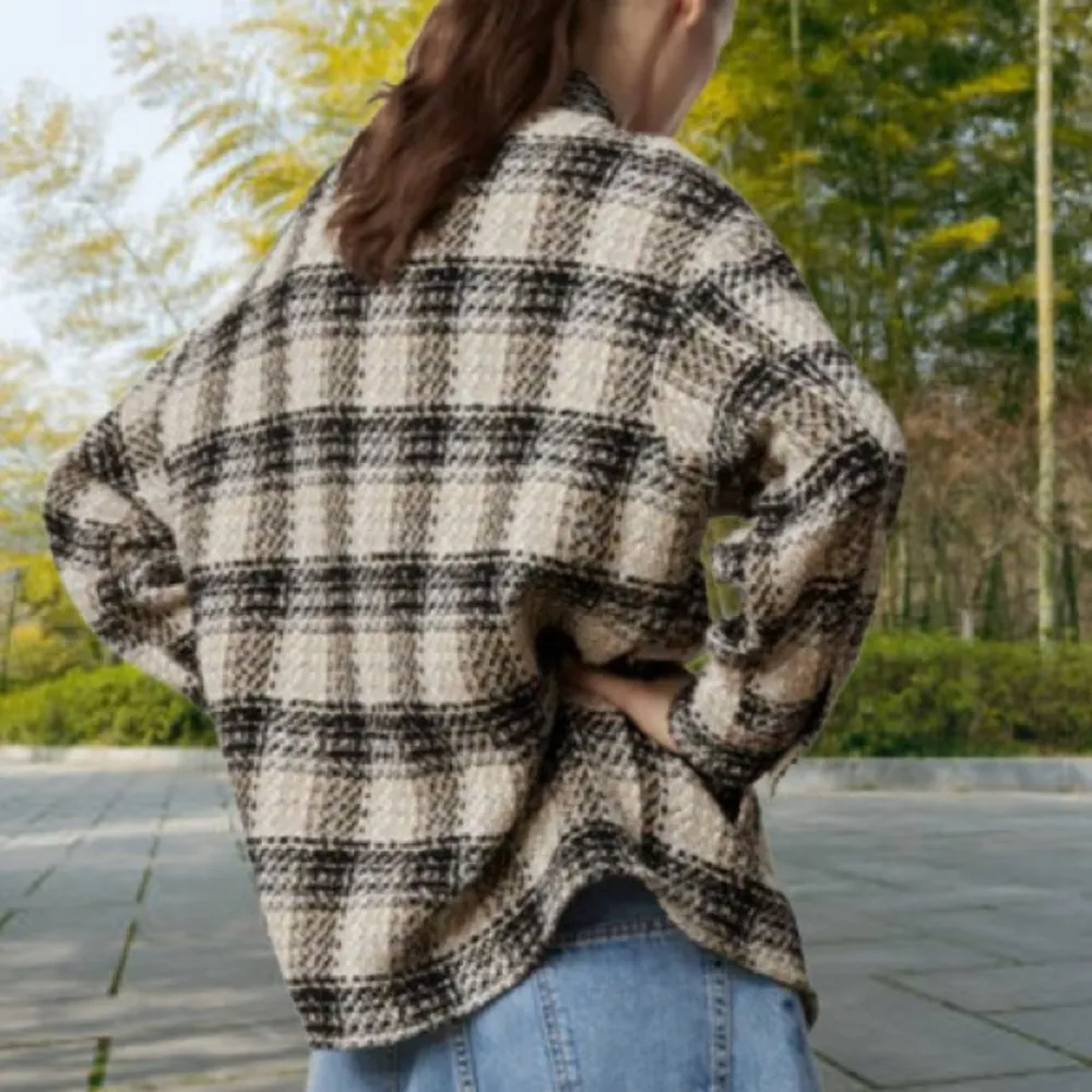 Zara Button Down Wool Blend Tweed Textured Plaid Oversized Shirt Shacket SZ M - Image 2