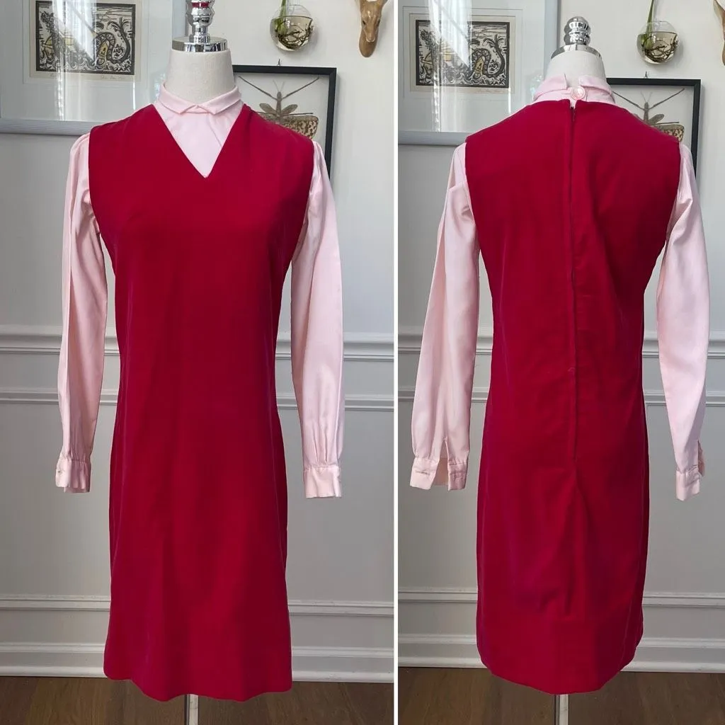 Vintage 60s Red Velveteen Shift Dress Pink Cropped Blouse XS - Image 2