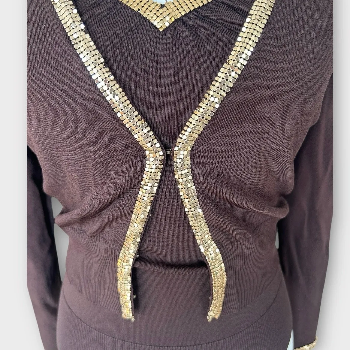 Vintage Y2K bebe Halter Top & Cardigan Set with Gold Chain Trim Brown Sz S/M - Image 4