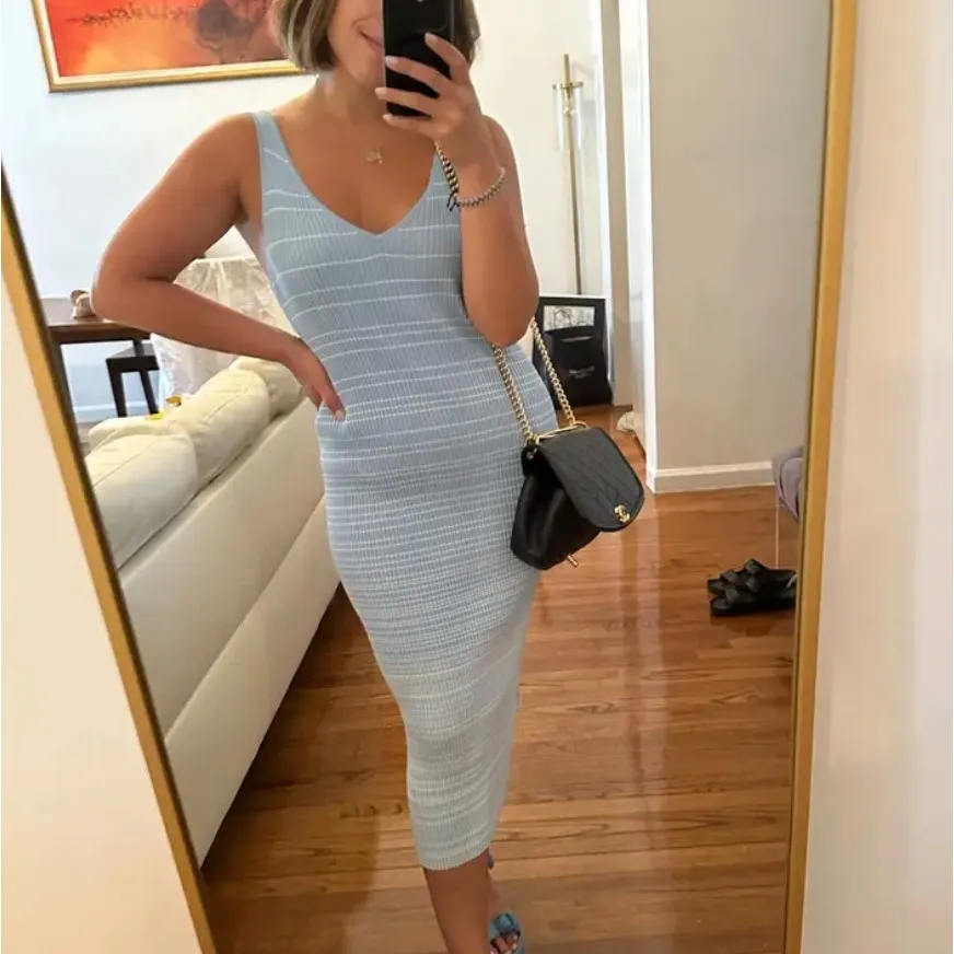 Staud Blue White Striped Ribbed Knit Midi Dress XS Bodycon Tank Designer $200 - Image 6