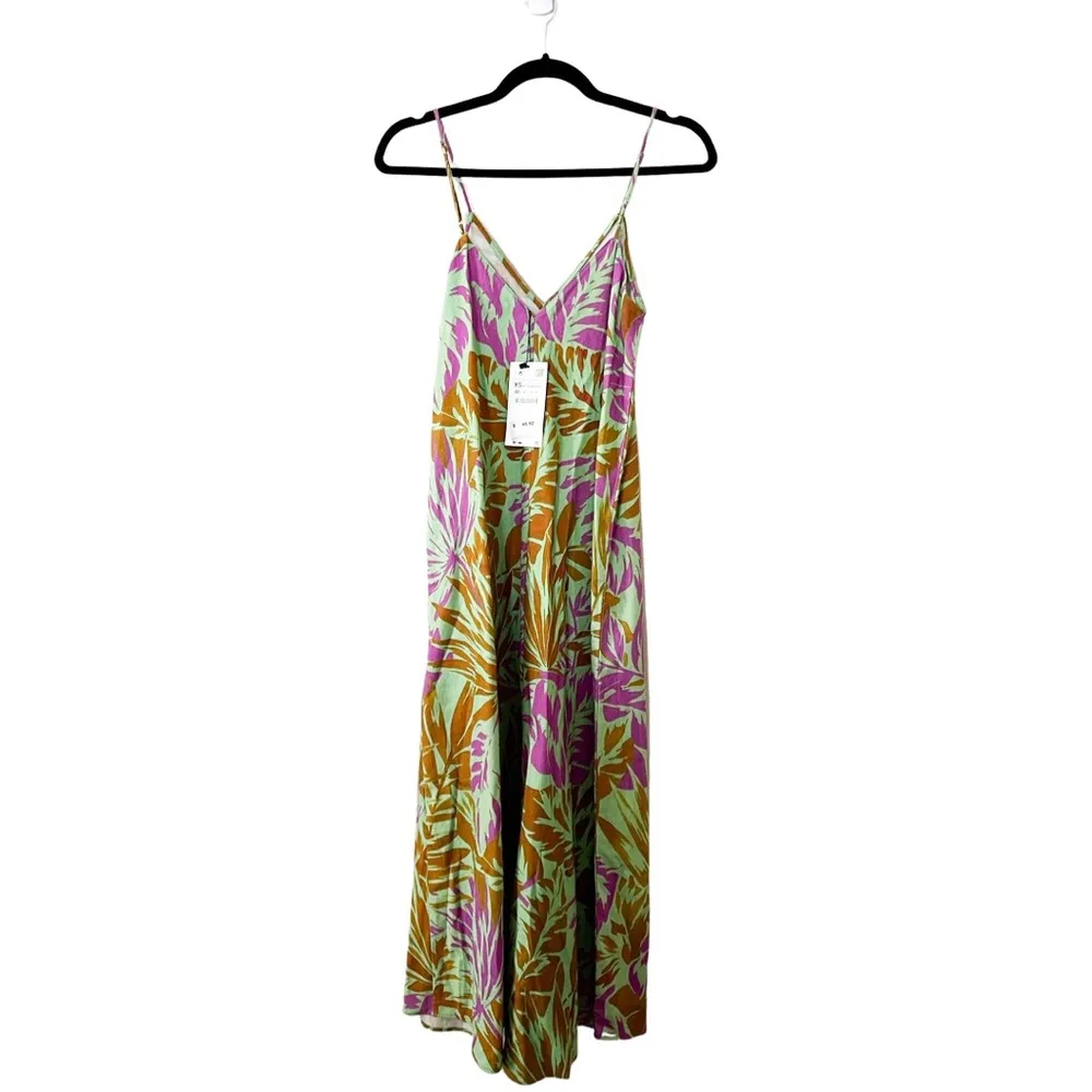 NWT ZARA Linen Floral Green Maxi Dress XS - Image 34