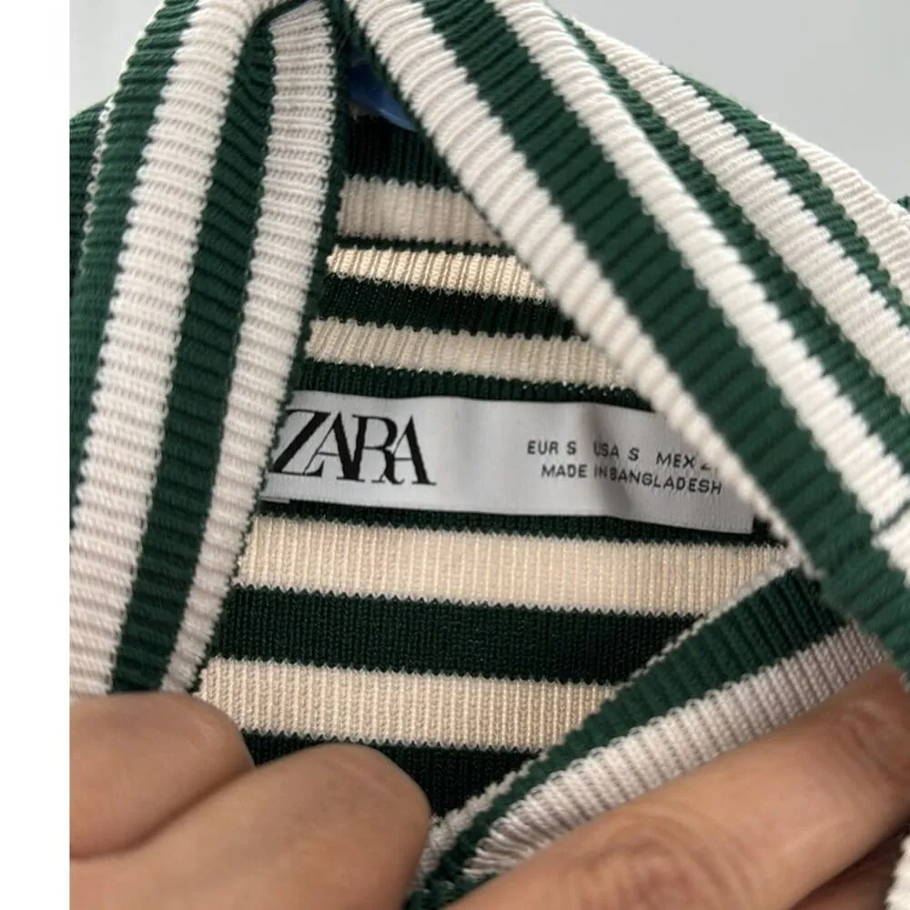 Zara Cropped Knit ribbed green white turtleneck top fall staple size small - Image 7