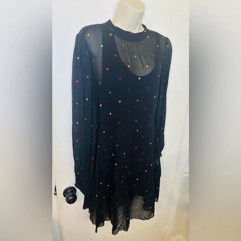 Farm Rio Black Ruffle Colorful Polkadot Mini Dress Size Small - Image 3