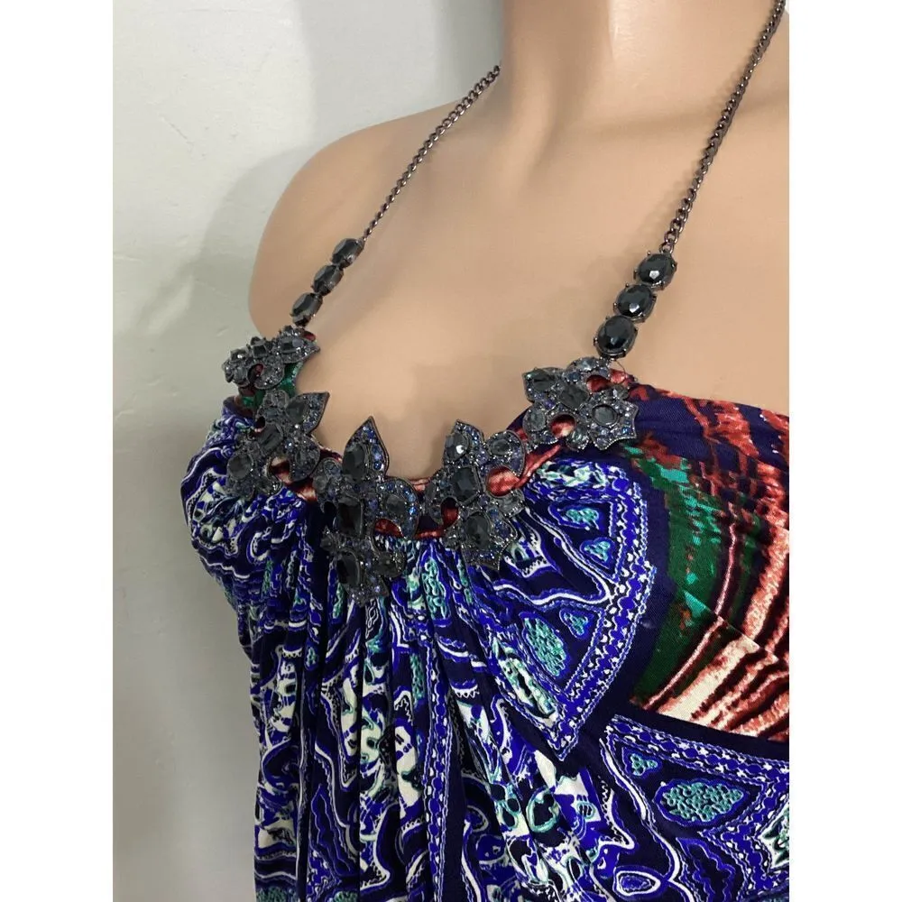 New. SKY silk halter mini dress with bling embellishment. Retails $269 Blue Size M - Image 9