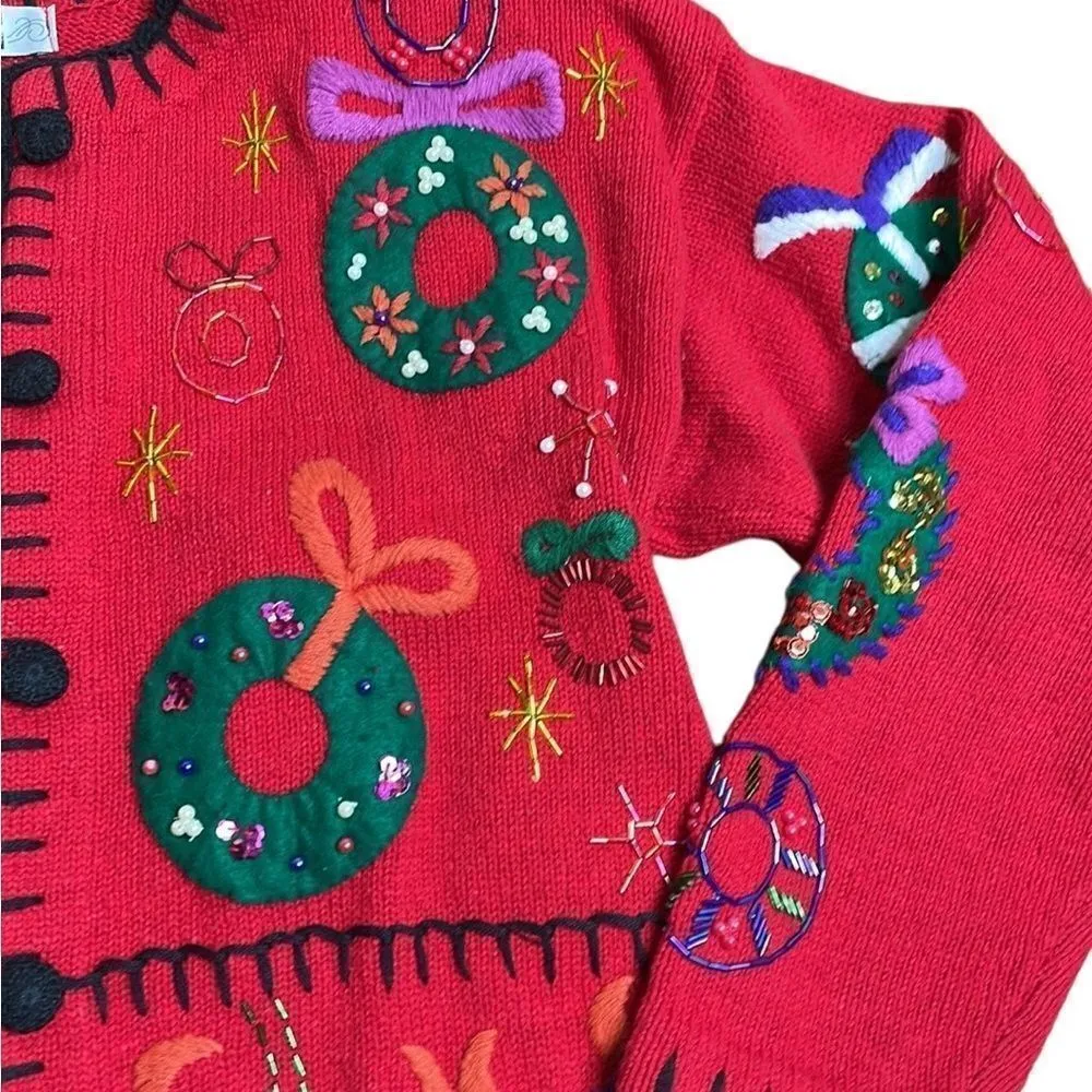 Vintage Segue Knit Christmas Beaded Cardigan Red large Wreath Appliqué Design Red - Image 3