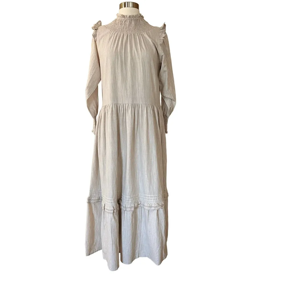 ROLLER RABBIT Maxi Dress Delfia Beige Ruffle Trim High Neck Long Sleeves Small - Image 5