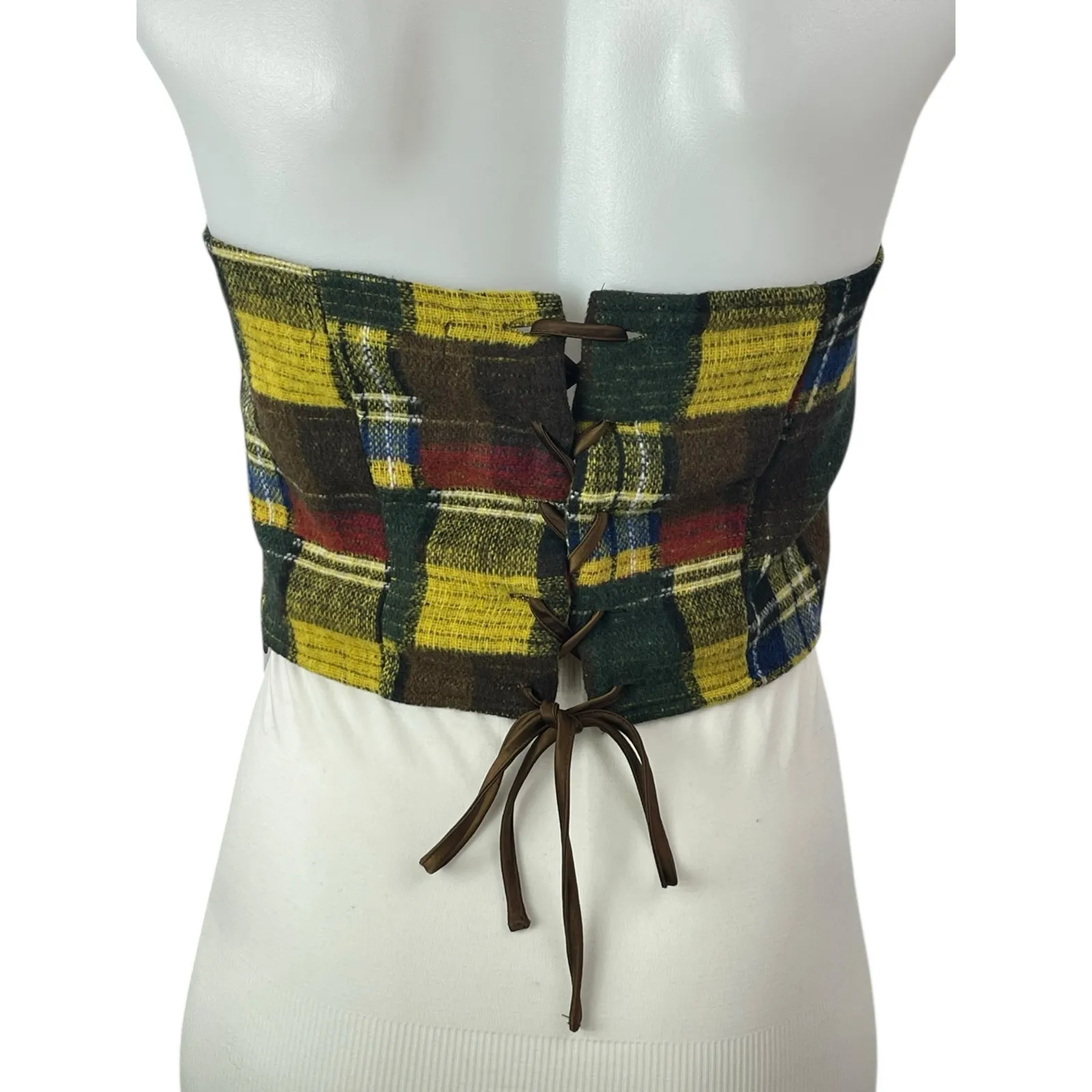 Motel Women's Multicolor Plaid Strapless Tube Bandeau Lace Up Crop Top Size M - Image 2