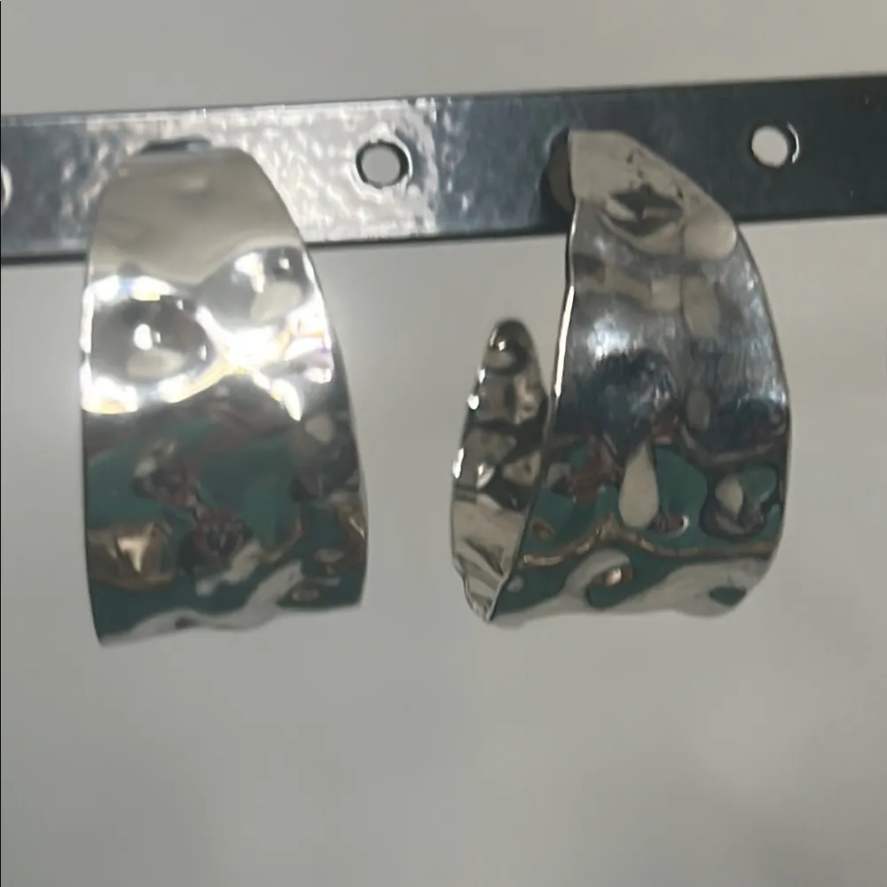 3 Pair Set of Textured Silver Tone Hoop Dangle Fashion Earrings - Image 3