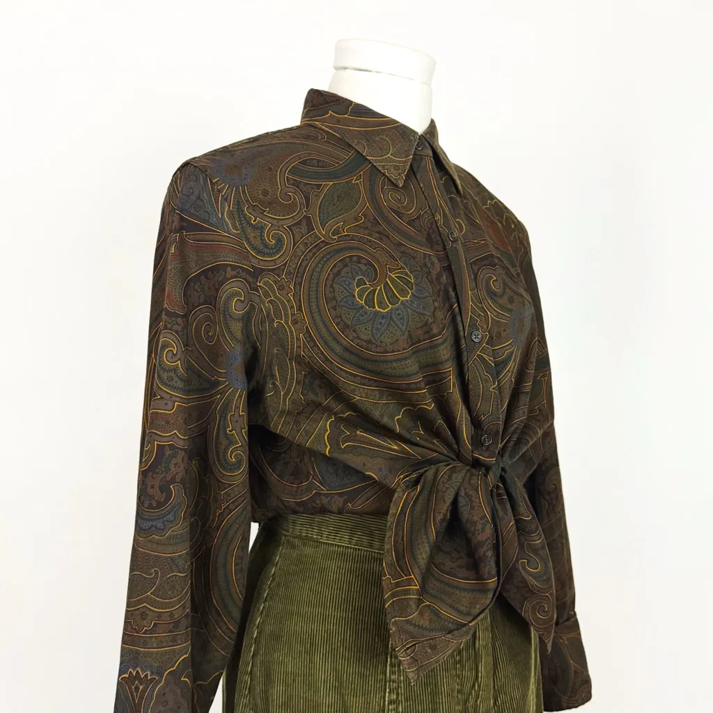 Vintage 90’s Ralph Lauren Button-Down Paisley Blouse in Brown and Olive | Size L - Image 2