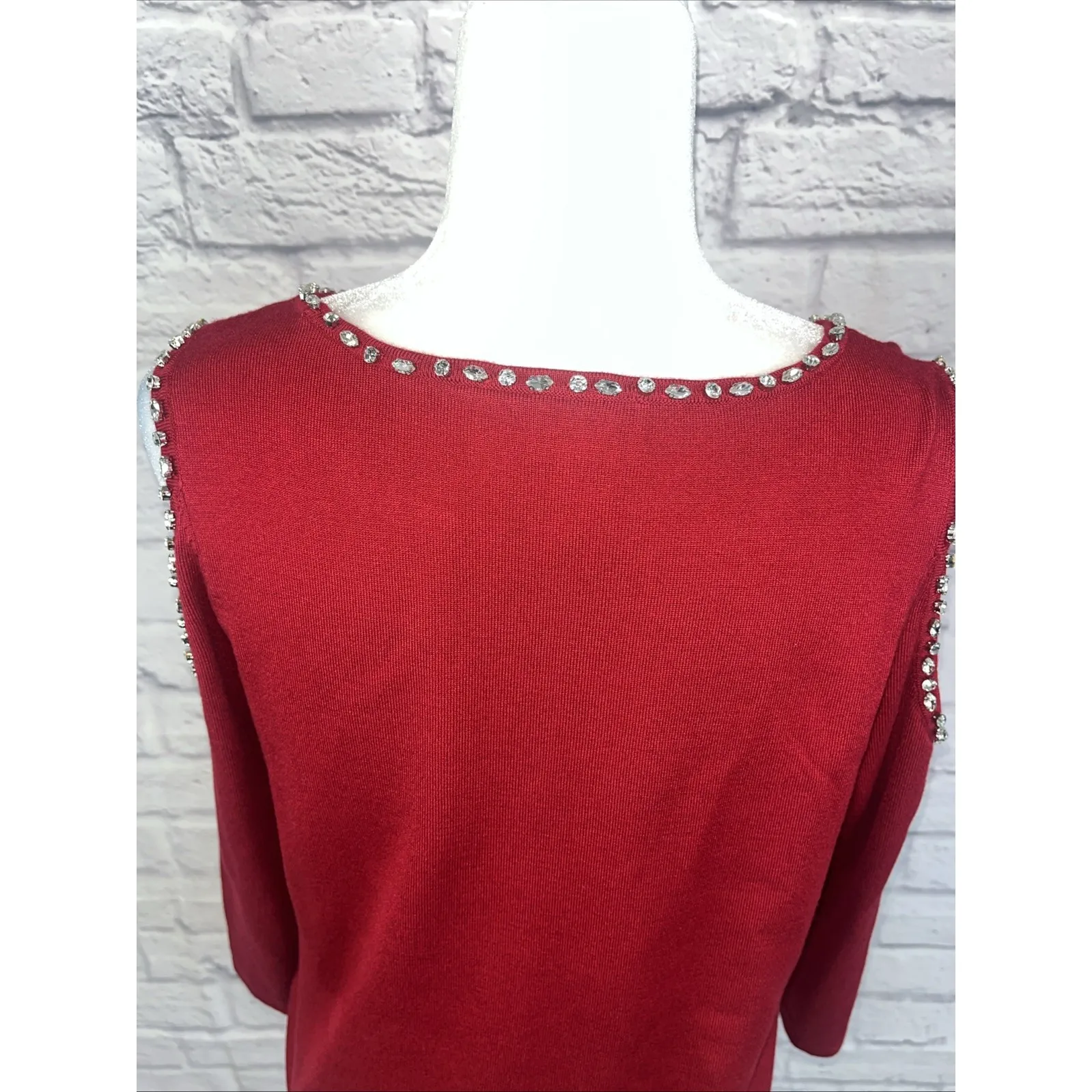 Chico's Red Cold Shoulder Rhinestone Holiday Contemporary Sweater Size 1/Medium - Image 7