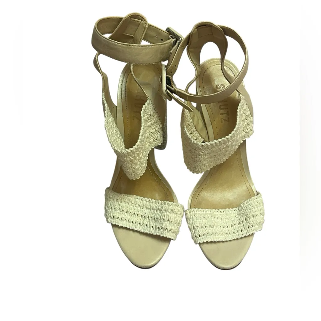 SCHUTZ Cream Woven Block Heel Sandals - Ankle Strap, Strappy, Open Toe, Chic 7B - Image 2
