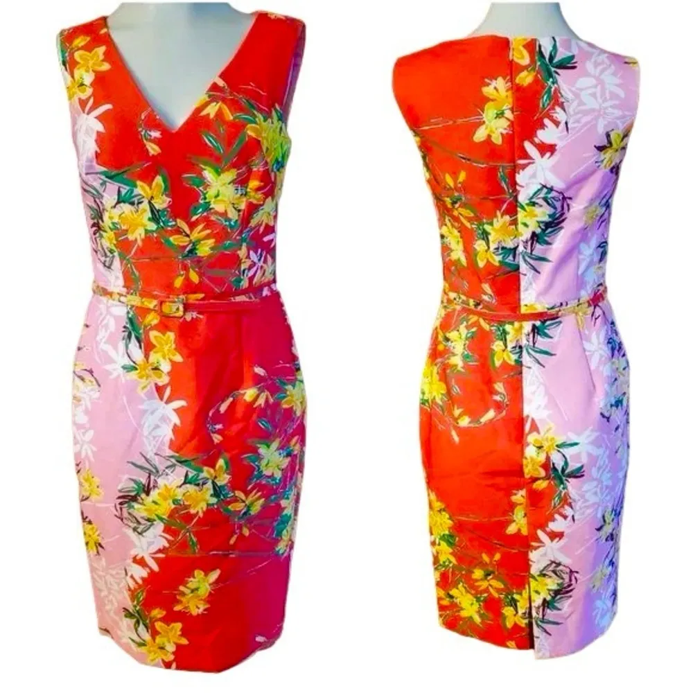 David Meister colorblock orchid floral belted sleeveless sheath dress sz 2 - Image 5