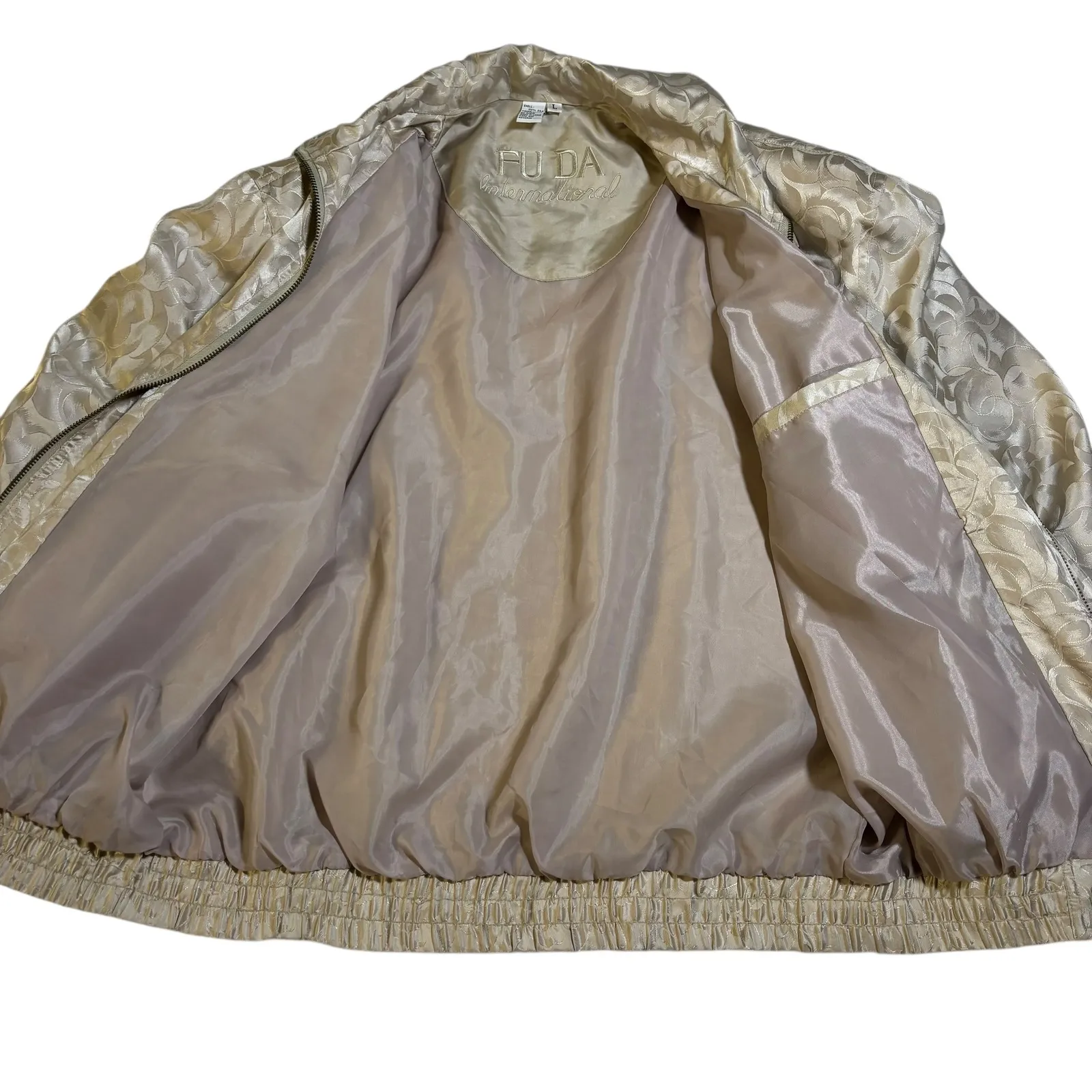 FU DA International Silk Bomber Jacket‎ Full Zip Patterned Beige Women's L Tan Size L - Image 5