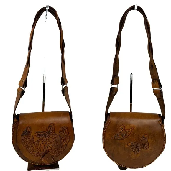 Vintage Floral Butterfly Tooled Thick Leather Braided Shoulder Bag Brown Hippie - Image 2