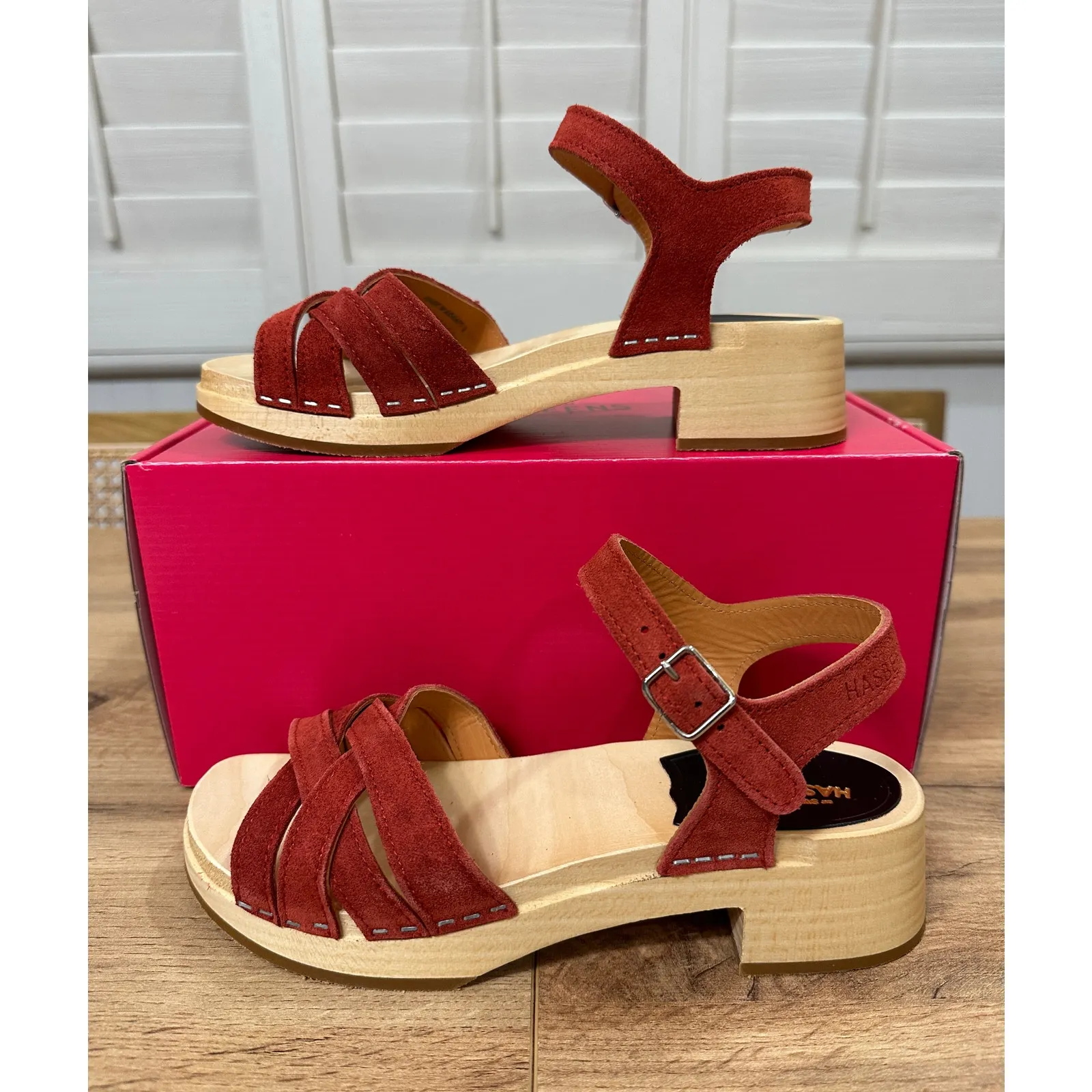 Swedish Hasbeens New Braided Sandals Red Rost Suede Size 6 US 36 EU NIB Classic - Image 3