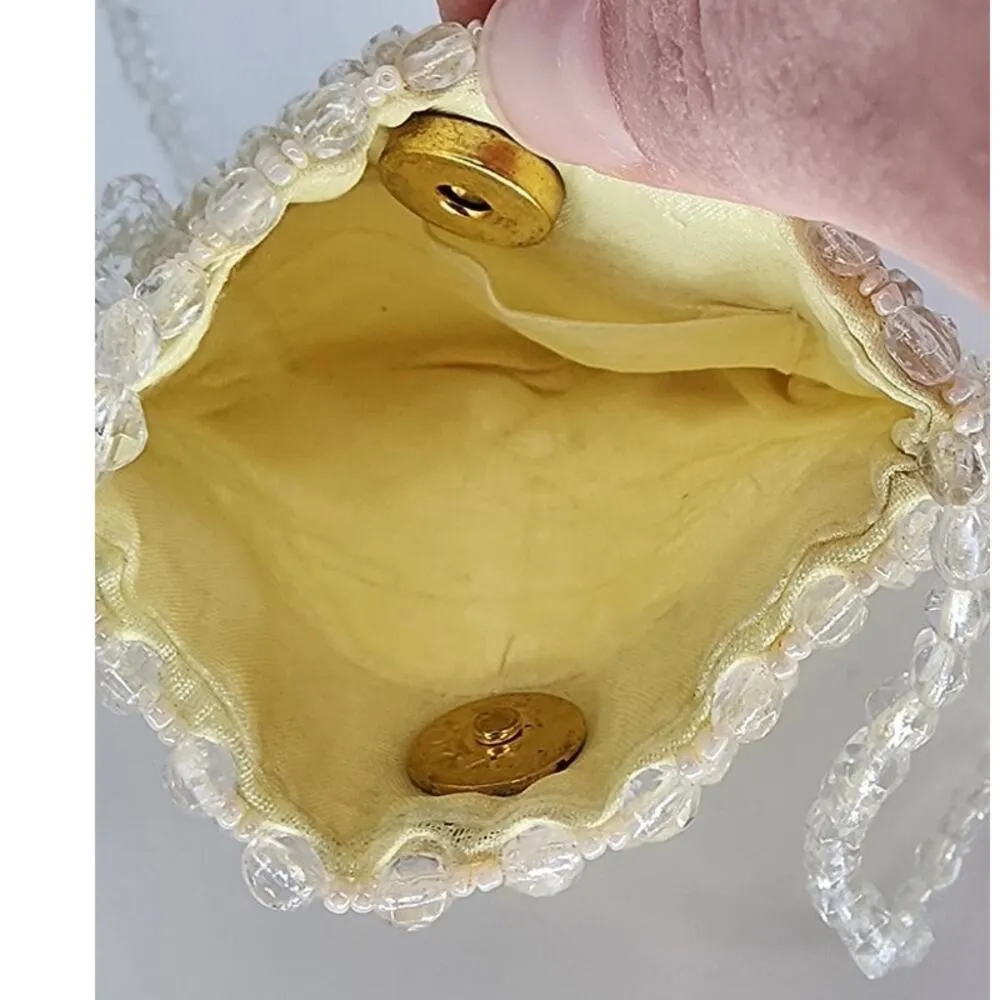 Vintage Mini Beaded Evening Bag Pale Yellow Crossbody Purse - Image 4