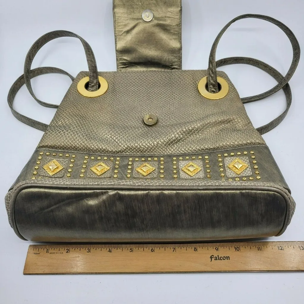 Bags by Pinky Vintage Metallic Silver Leather Shoulder Gold Studs Grommets USA - Image 10