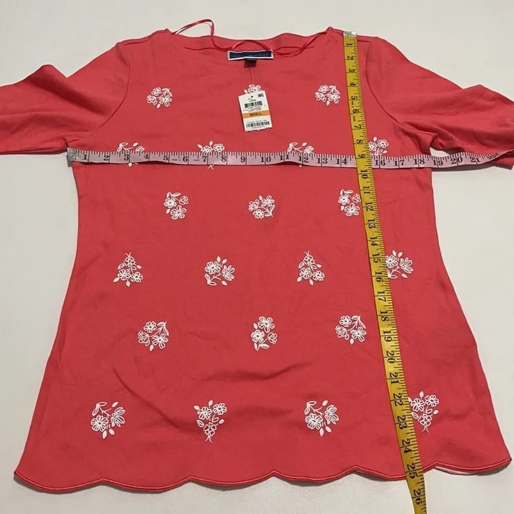 Women's Karen Scott Floral Scalloped Hem Top Coral Small Scoop‎ Neck Tee Pink - Image 4