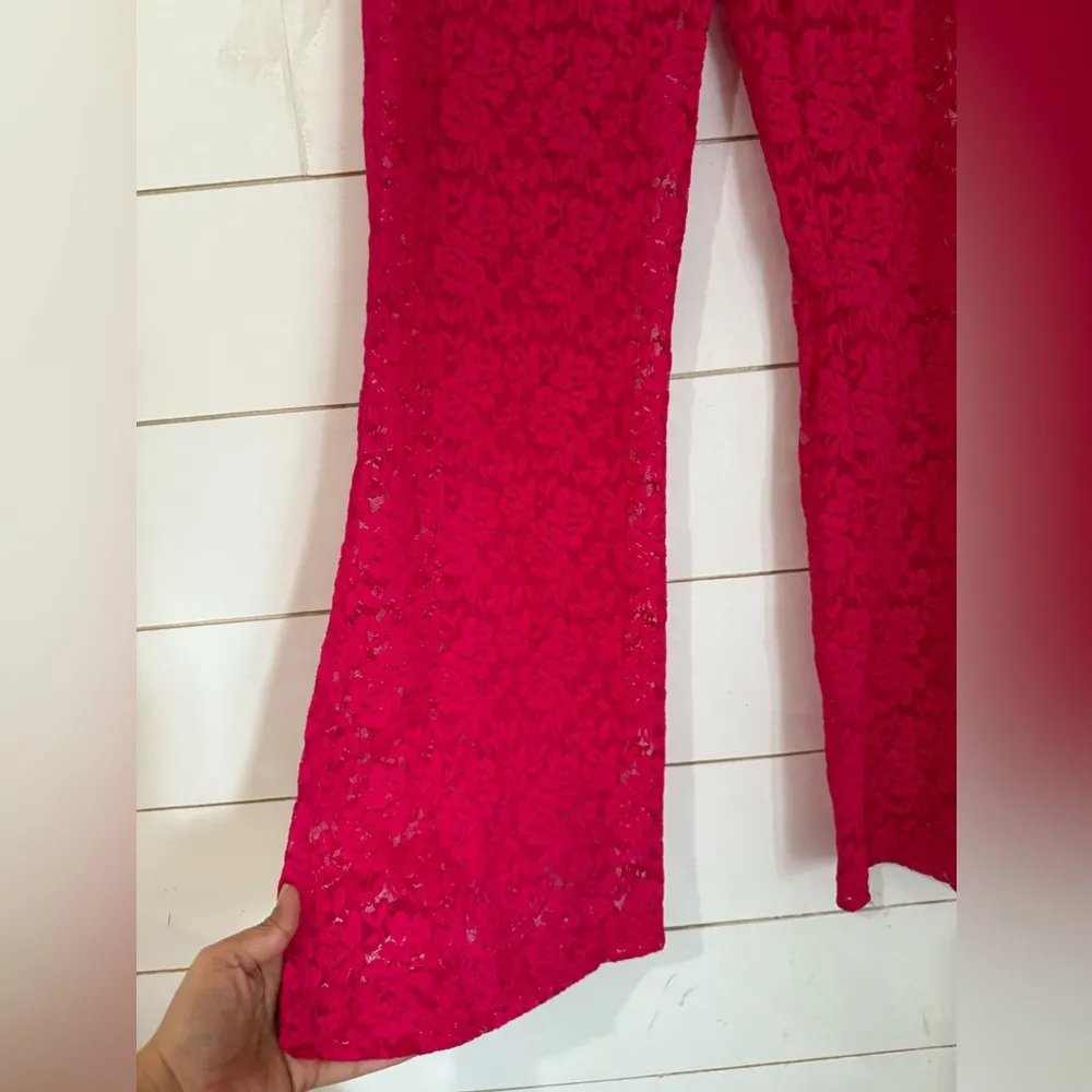 NWOT Free People All Day Lace Women’s Fuchsia Sheer Flare Coquette Pants Sz L - Image 3