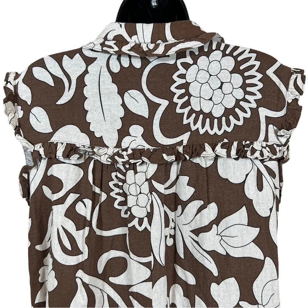 UNCLE FRANK brown & ivory floral ruffled linen blend swing dress - Image 11