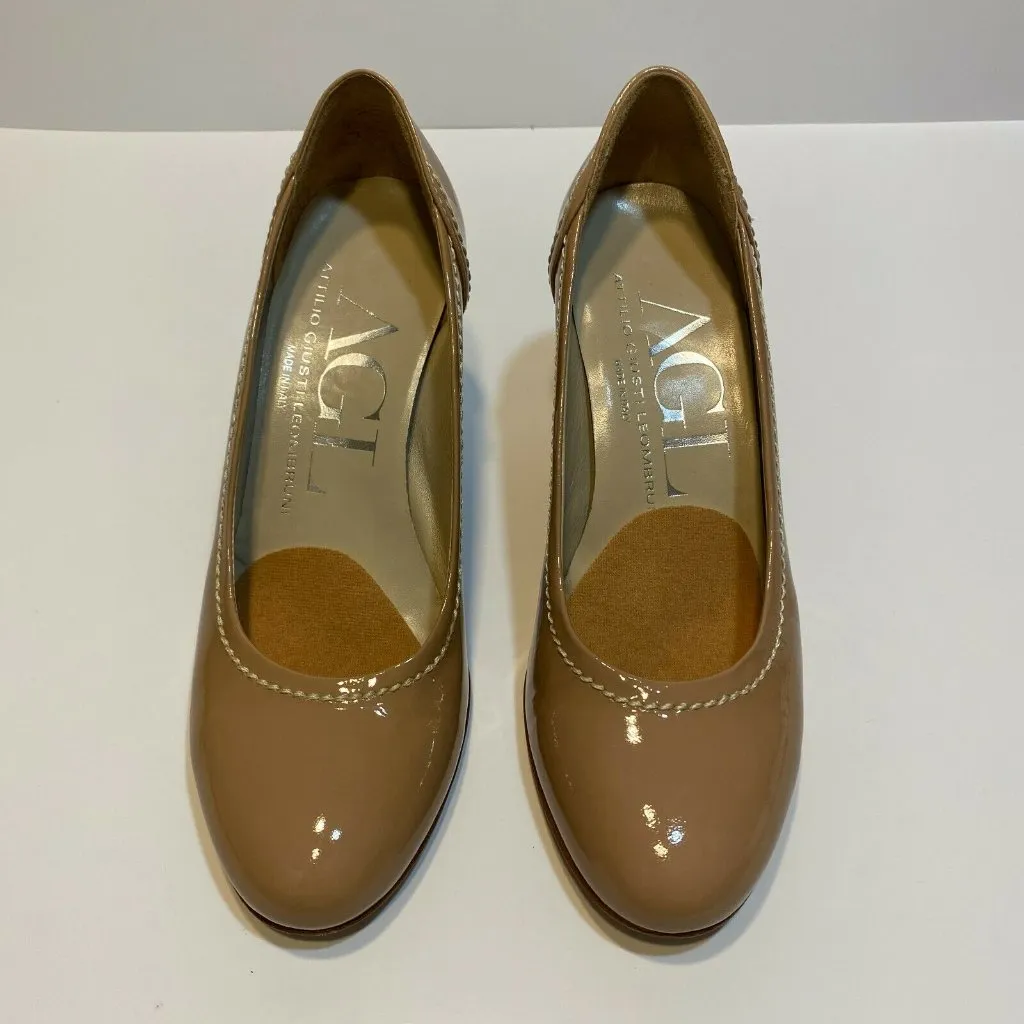 AGL Attilio Giusti Leombruni Pumps 5 Nude‎ Patent Leather Heel 35 Italy Tan - Image 7