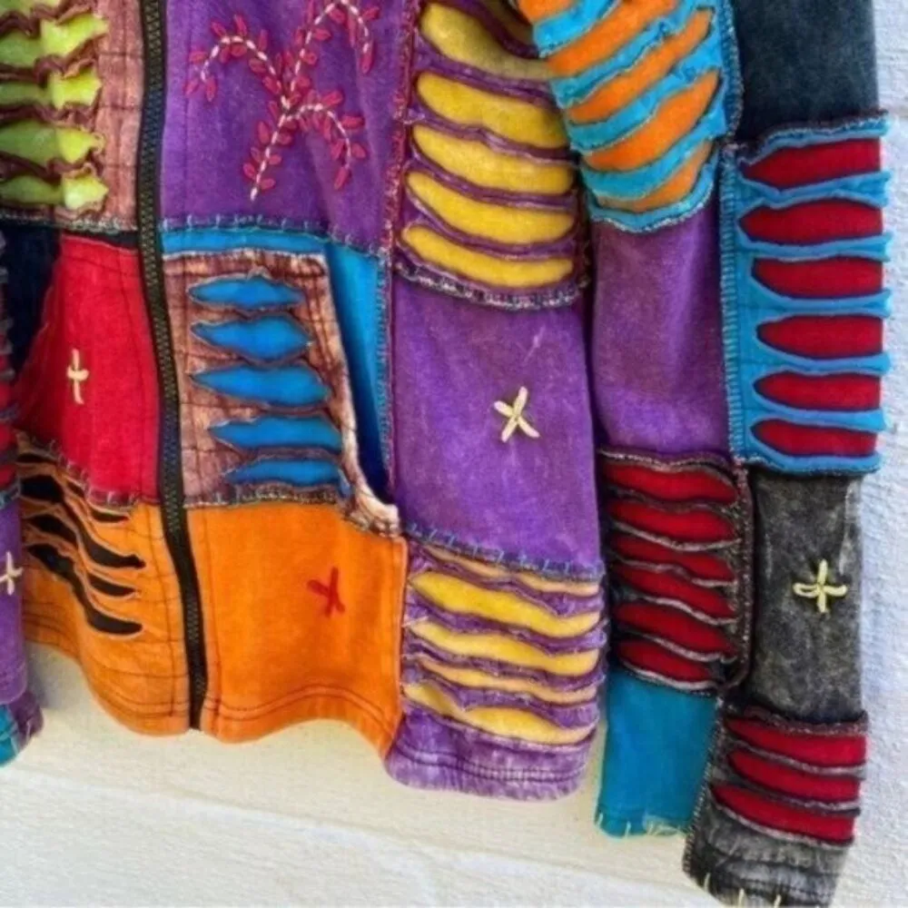 Nepal Colorful Embroidered Patchwork Bohemian Hippie Jacket Blue Size M - Image 3