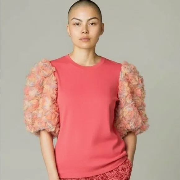 BiBi Pink Ribbed Knit Top Mesh Tulle Floral Puff Sleeves NWT Size Medium - Image 2