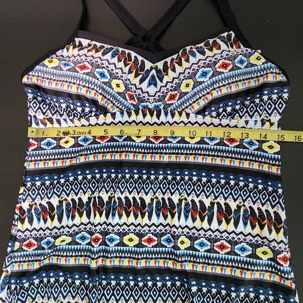 Yonique Feather Print Boho Tankini Top NWT Size Medium Aztec Print Tankini Blue - Image 10
