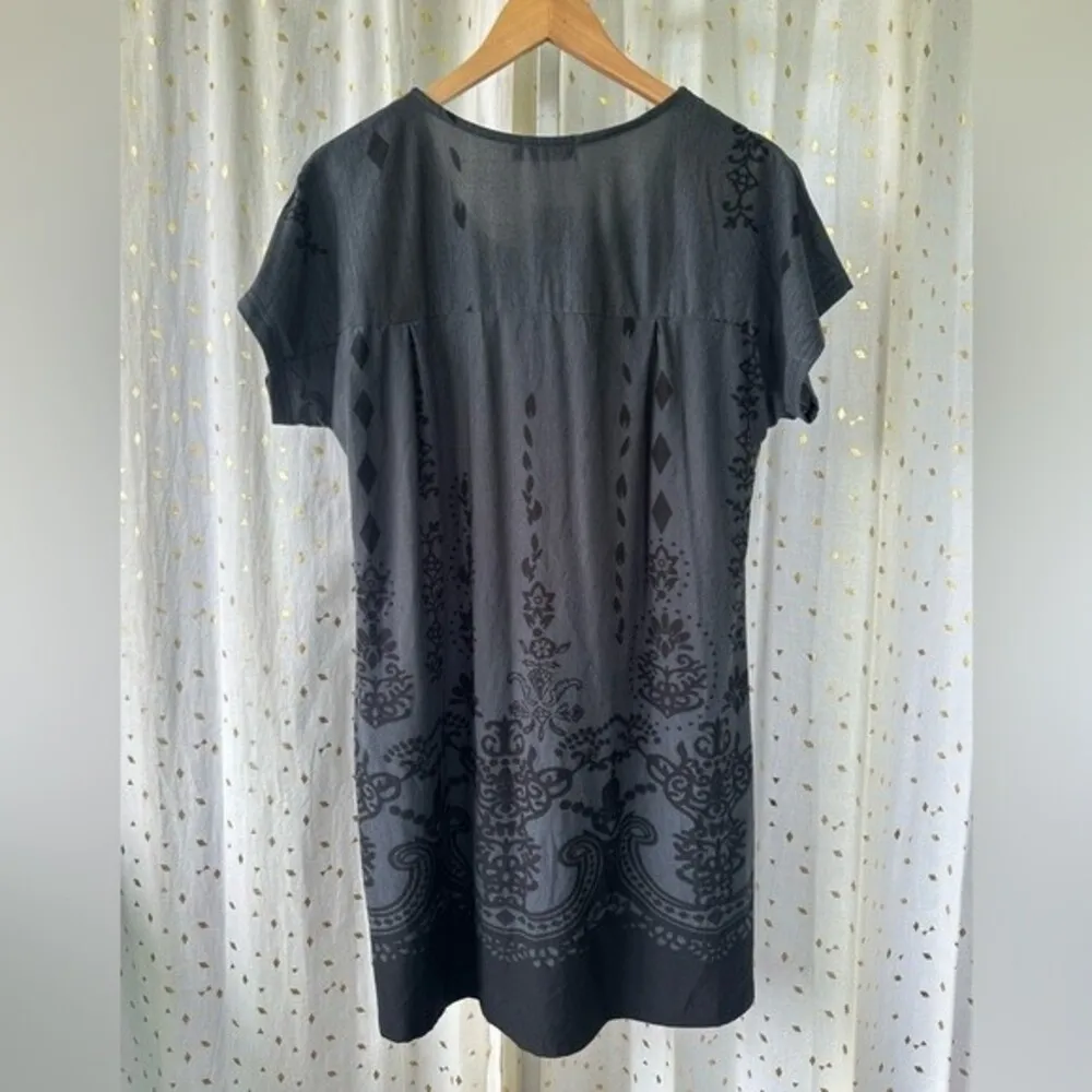 Reborn Boho Black Charcoal Gray Paisley Split Neck Short Sleeve NWT Dress L Size L - Image 3