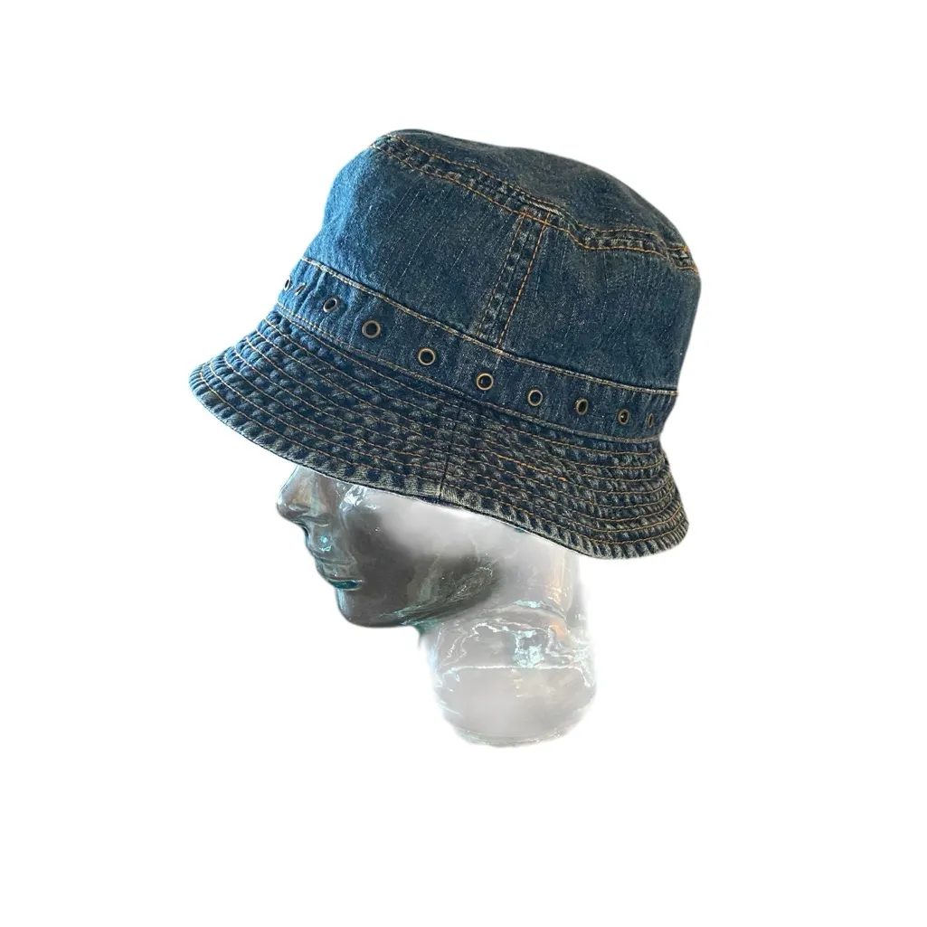 Vintage 90s L.e.i Jean bucket Hat denim cap brass Grommets streetwear grunge Blue - Image 2
