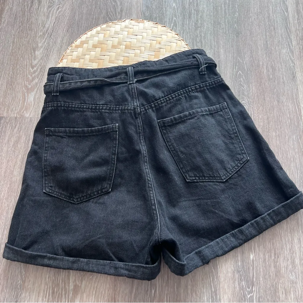 Zara black high rise denim‎ shorts w/ waist tie - Image 8