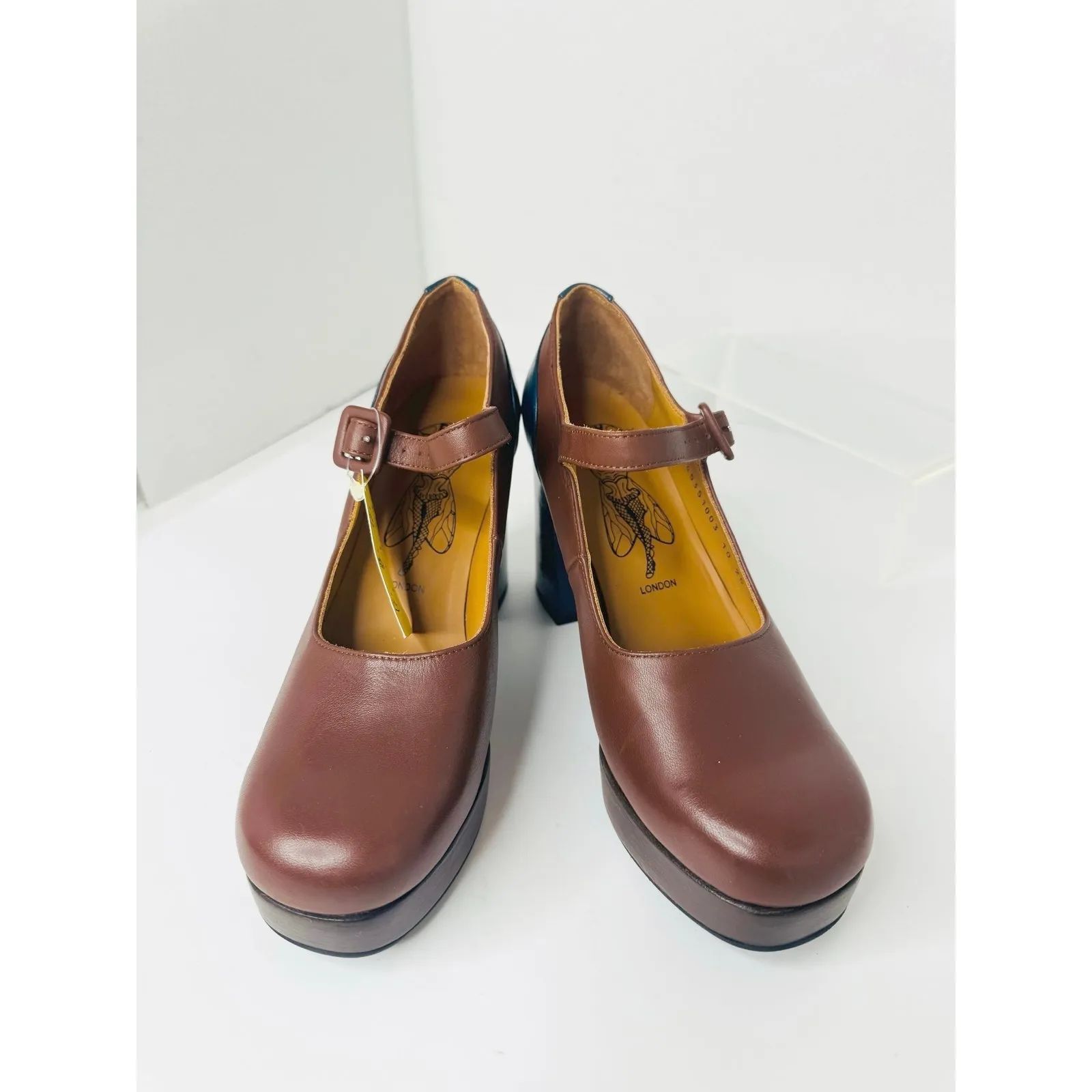 Fly London ERIL Platform Pumps Cognac & Navy Leather Retro 70s Chunky Heel 38 - Image 10