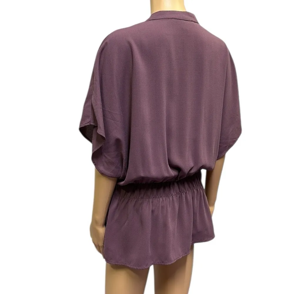 Sweet Rain Purple Peplum Tie Waist Button Up Short Sleeve Split Neck Blouse 1X - Image 4