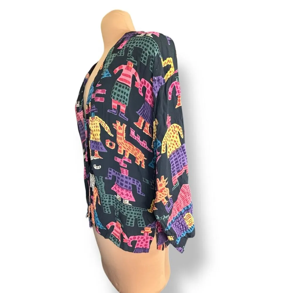 Vintage 90s Rayon Shirt Medium Colorful Yellow Tribal Abstract Animal Print Black - Image 4