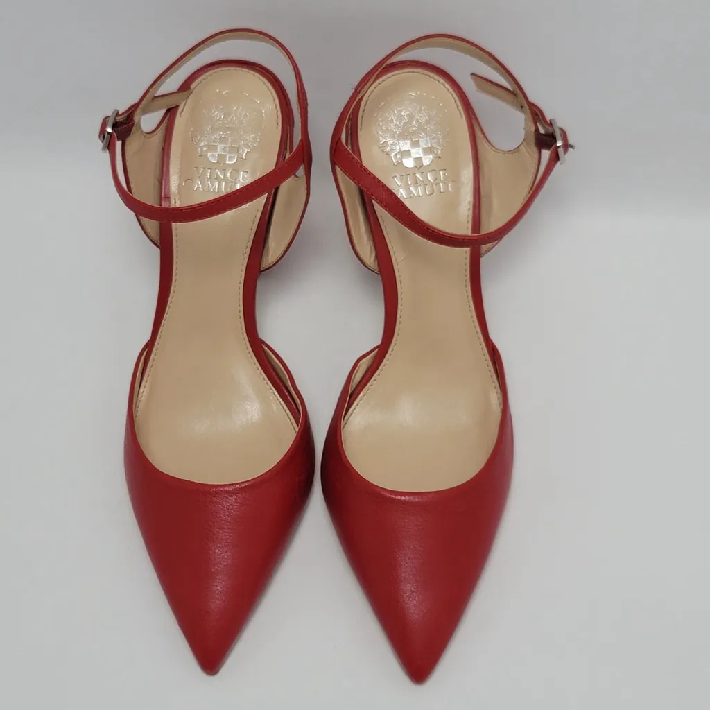 Vince Camuto Jacolina Ponted Toe Ankle Strap Sculptural Heels Red Leather Sz 9M - Image 4