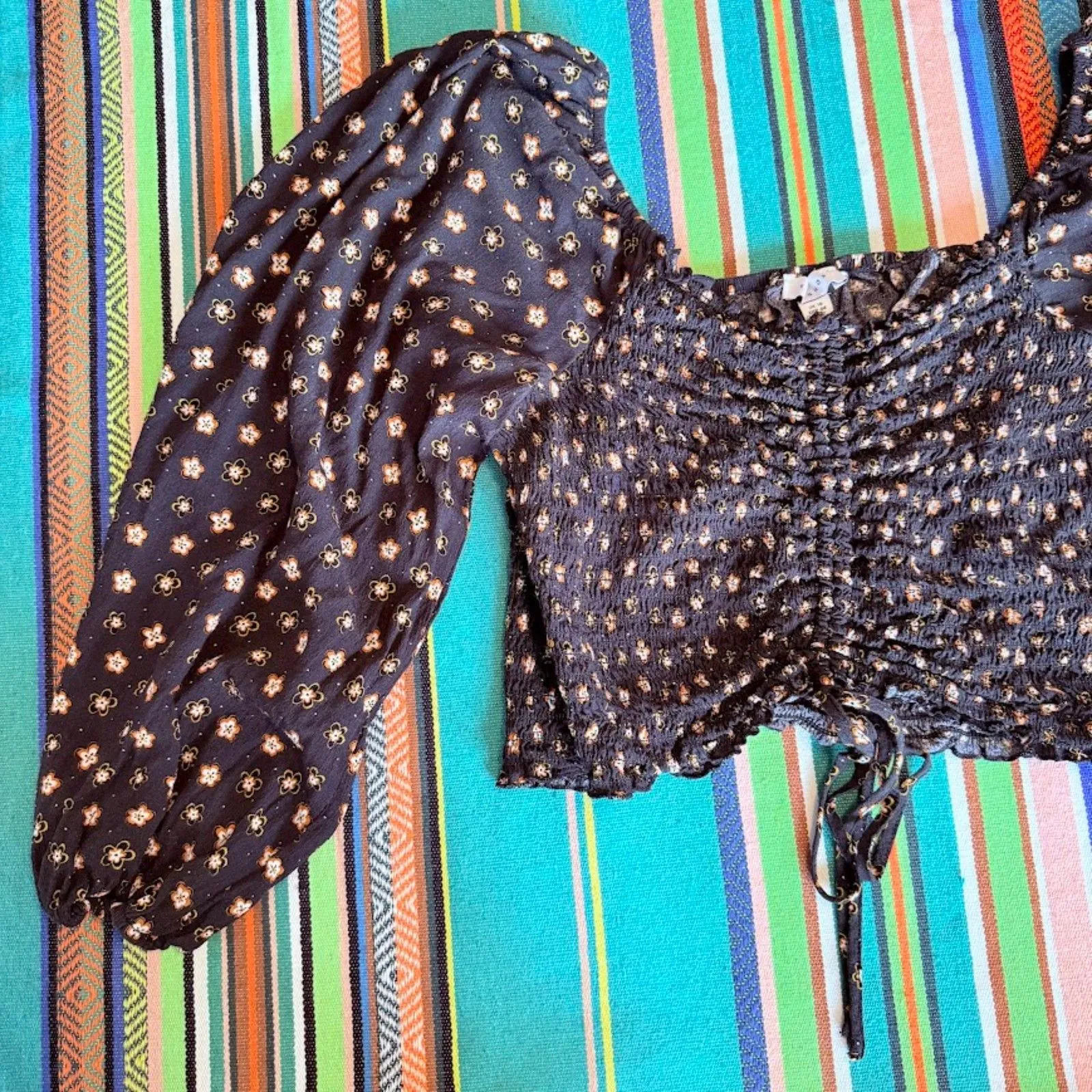 Topshop Milk Maid Smocked Long Sleeve Crop Top in Black & Orange Floral size L - Image 8