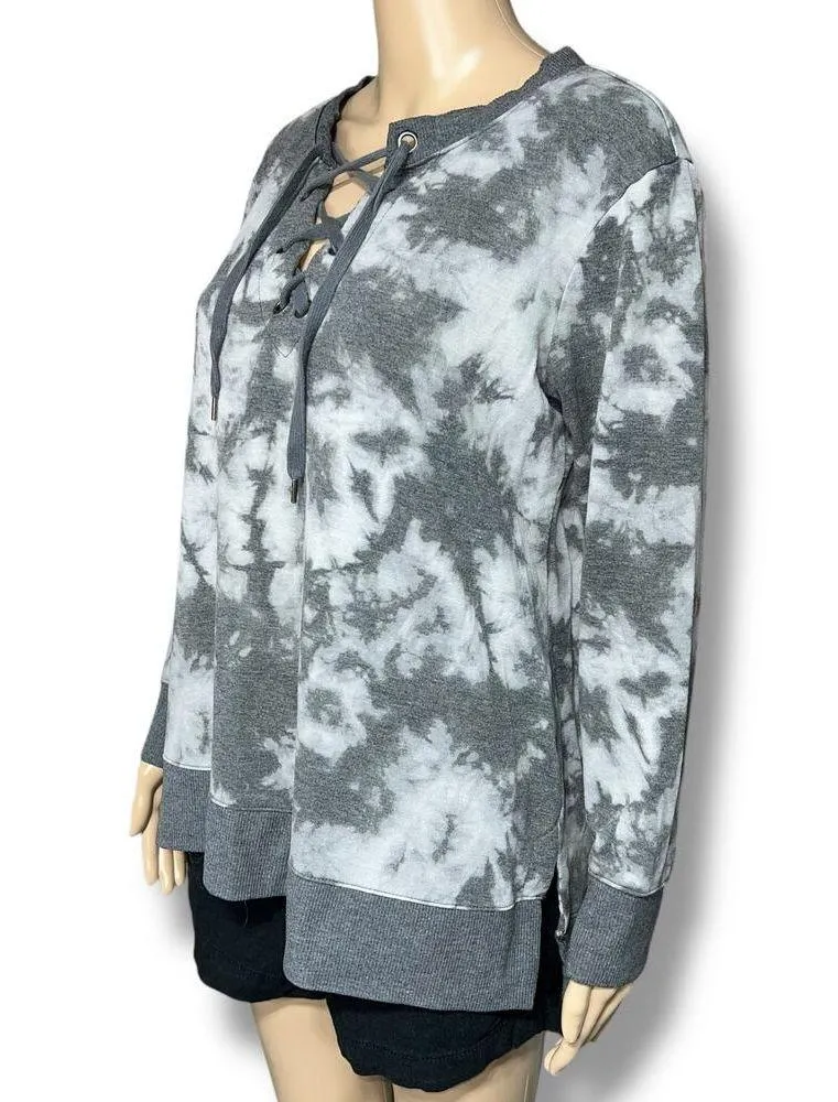 A&I Womens Sweatshirt Tunic Lace Up V Neck Tie Dye Pullover Gray Medium - Image 6